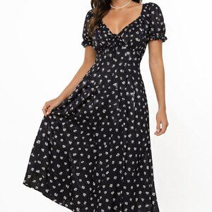 Black Floral Midi Dress Puff Sleeve Tie Front Cottagecore Whimsigoth Size XL